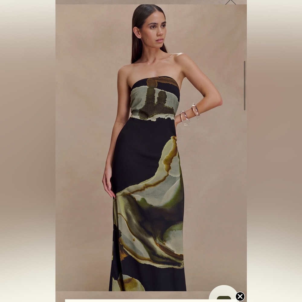 Meshki Strapless Black Dress with Olive & Gold Abstract Print